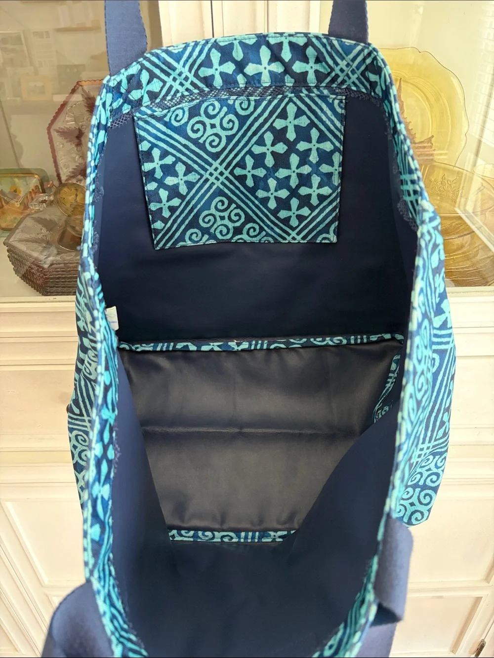 Era Bradley Blue Patterned Tote Bag with Navy Handles